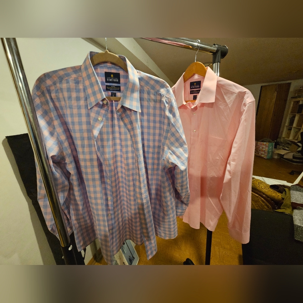 2 Stafford Men's Pink and Blue Checkered Shirts